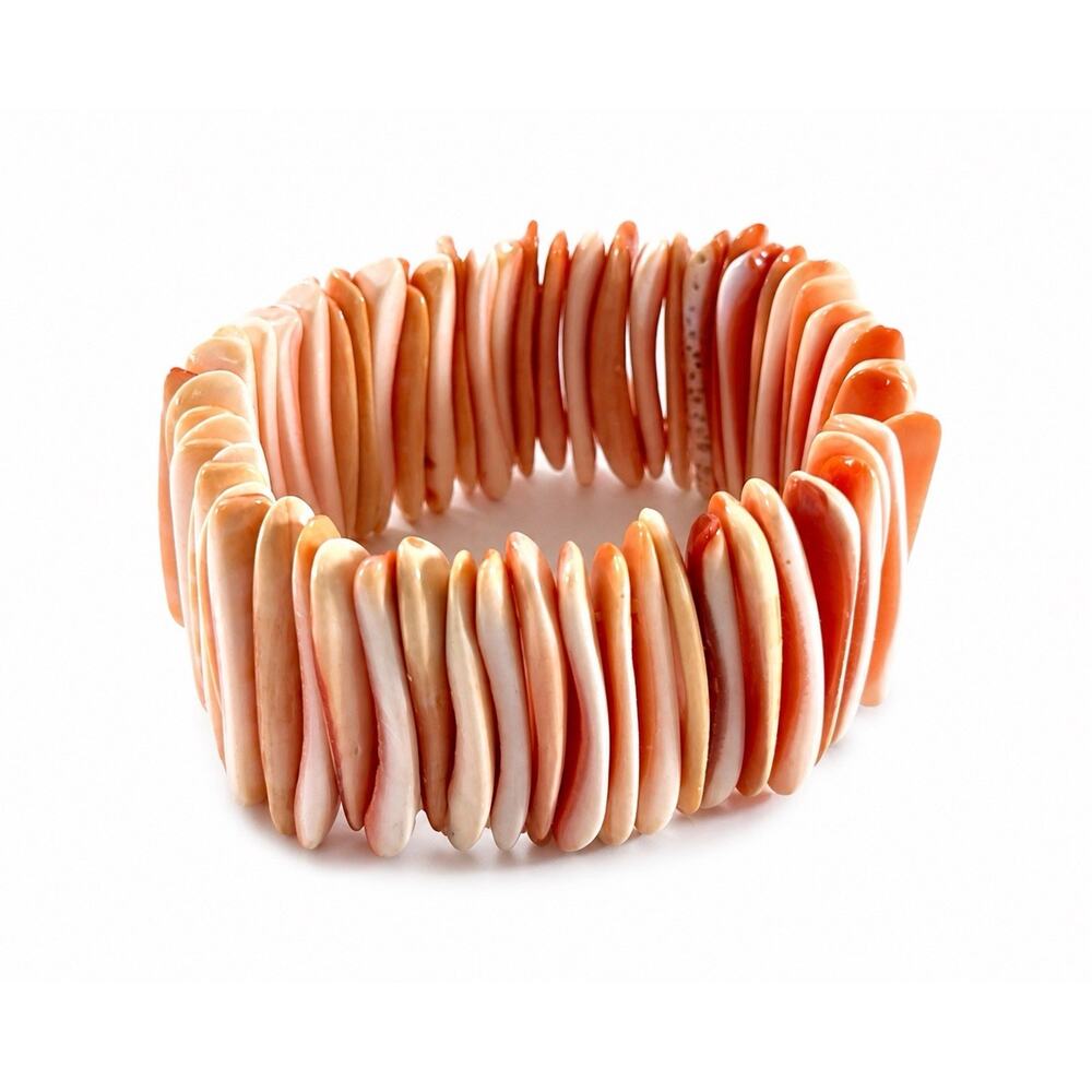 Vintage Pink Shell Disc Stretch Bracelet Heishi Style Beach Boho Wide Cuff